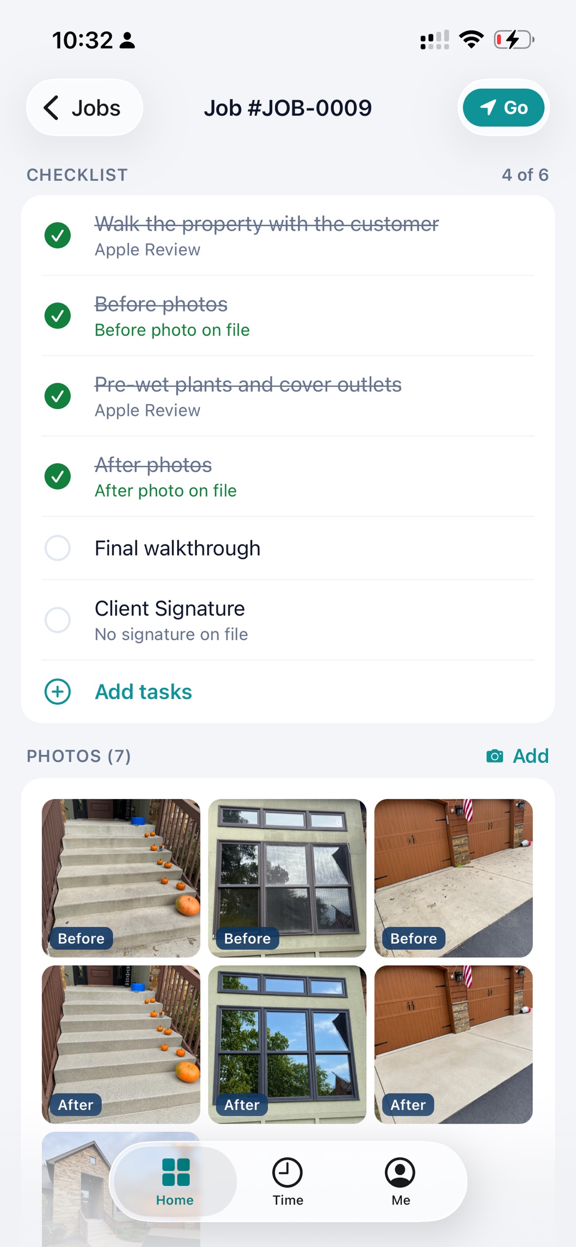 Actual KinectMax job checklist with before-and-after photos attached to the work