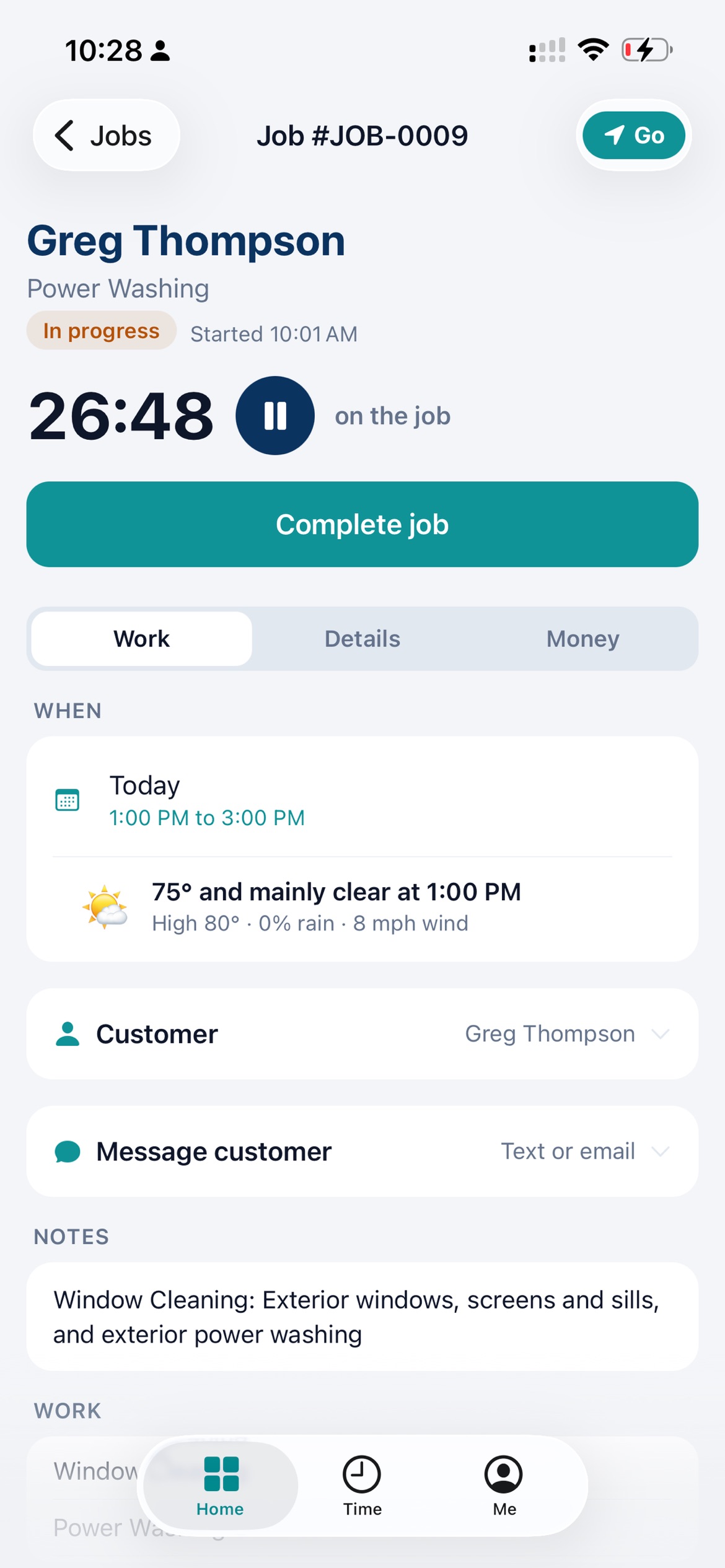 Actual KinectMax job screen with temperature, rain chance and wind at the job’s 1 PM start time