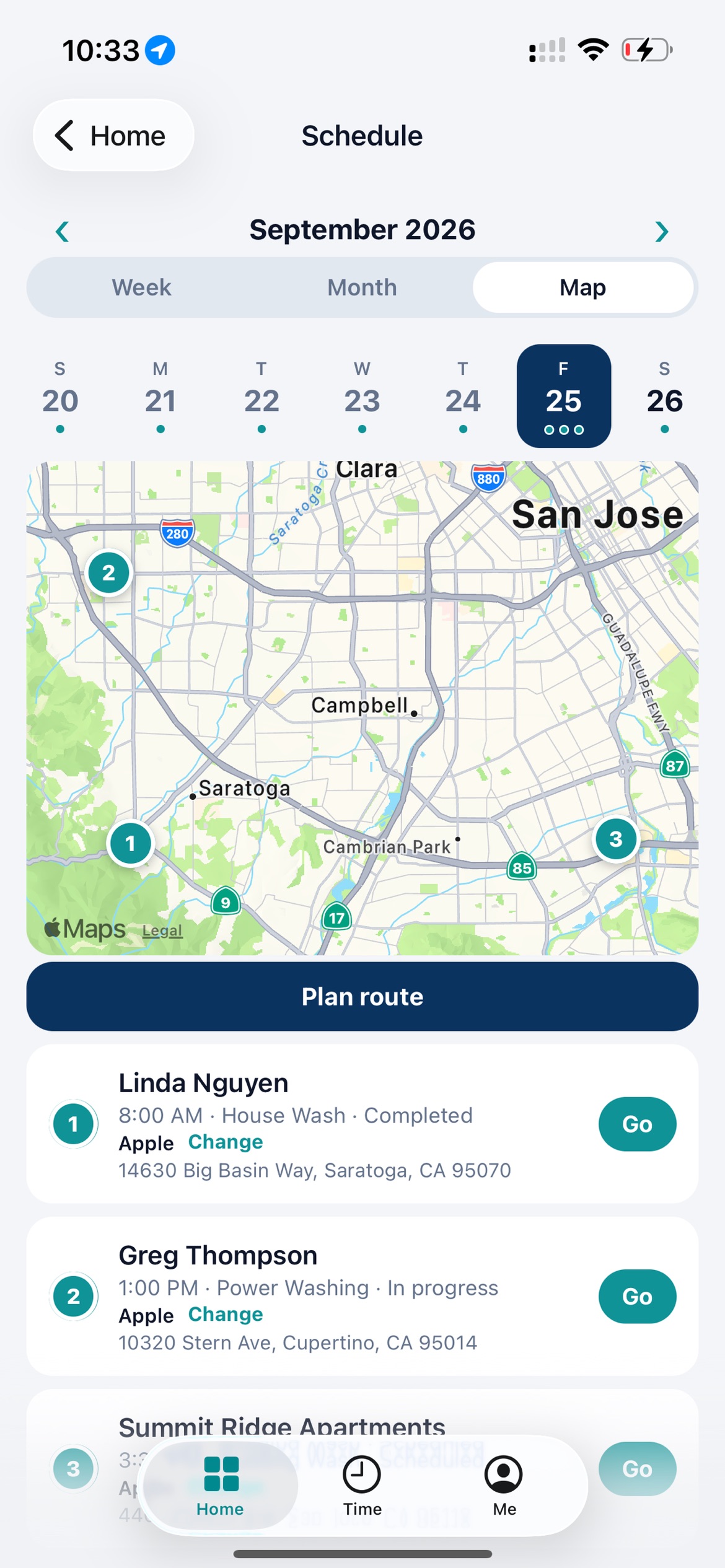 KinectMax iPhone map showing three numbered jobs and the Plan route button